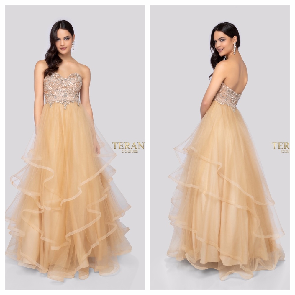 Strapless beaded nude illusion ball gown